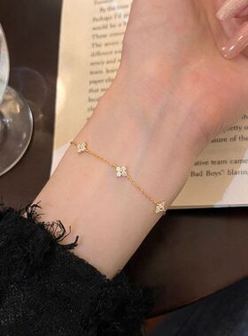S925纯银四叶草手链女欧美风简约锆石轻奢小众气质高级感手饰