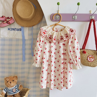 樱桃甜美公主裙长袖 可爱小熊刺绣荷叶领女童连衣裙2025秋款 儿童裙