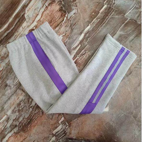 春秋新款纯棉针织浅灰紫条校服裤