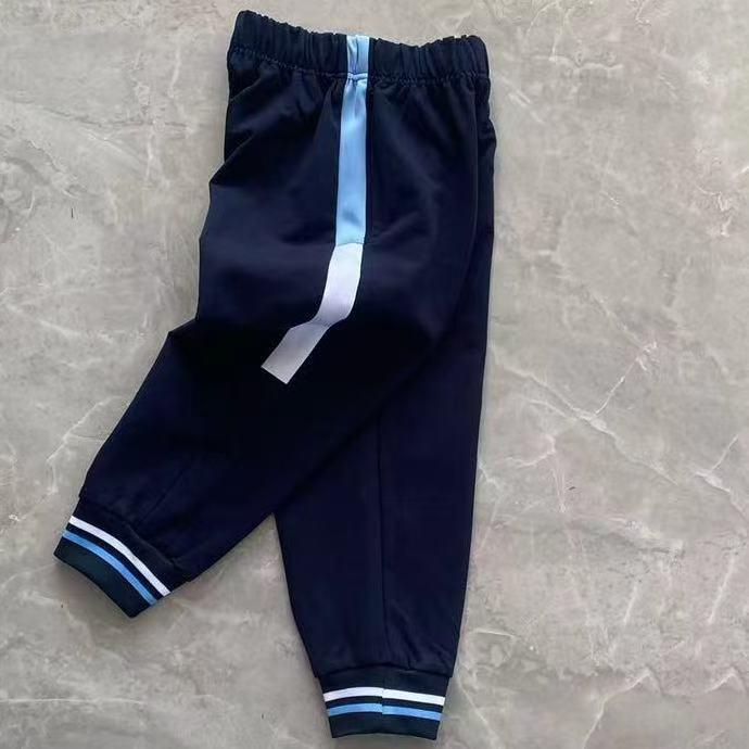 纯棉藏青色校服裤（拼条）上浅蓝下白杠条纹紧口加绒加厚校服长裤