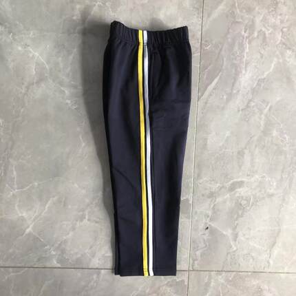 定做中小学生纯棉加绒加厚冬款校服裤藏青色直筒前白后黄条长裤