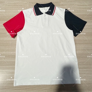 中小学生夏季白色纯棉左藏青右红袖透气吸汗短袖T恤衫校服班服
