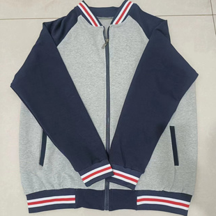 来图定制浅灰色拼藏蓝色春季宽松纯棉外套白红螺口拉链学生校服