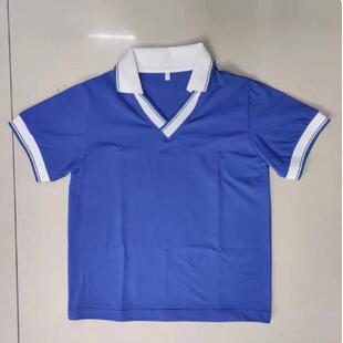 定制校服短袖T恤纯棉不起球男女同款宝蓝色白V领拼宝蓝道可定制