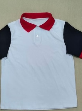 夏季中小学生白色纯棉校服短袖藏蓝色袖子大红翻领PLOL衫男女上衣