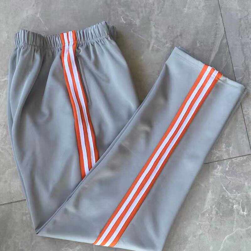 定做灰色校服裤南韩丝滑料侧边橘色白一厘米边条两道杠直筒校服裤