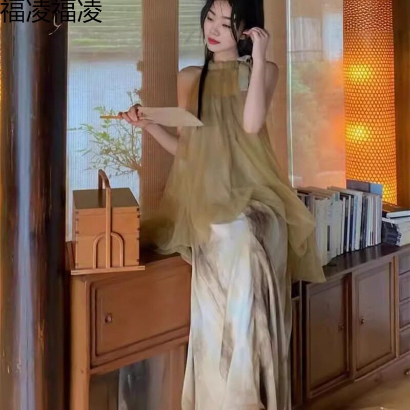 新中式挂脖连衣裙女改良旗袍禅意晨袍仙女网纱扎染假两件无袖裙子