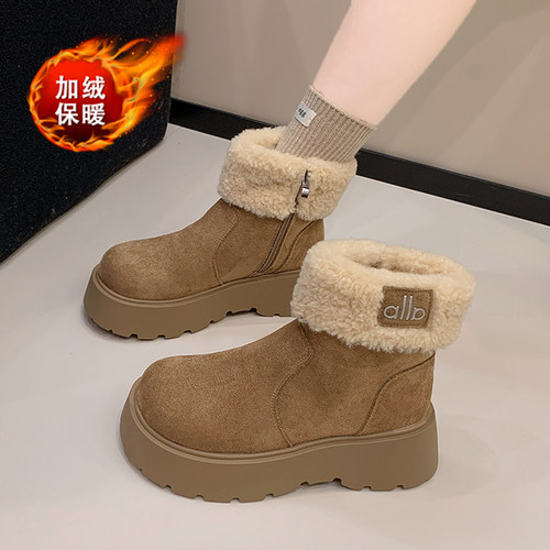 厚底雪地靴女2025新款冬季加绒保暖翻边毛绒棉鞋34小码勃肯短靴41