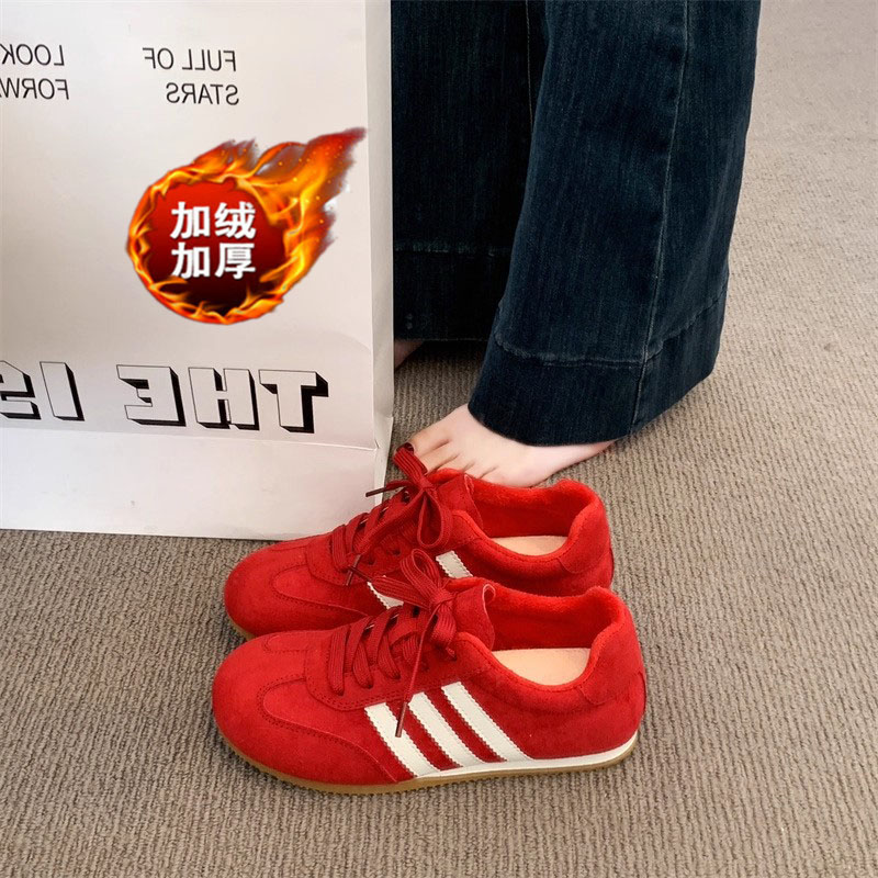 二棉薄绒红色德训鞋女2025冬新款加绒保暖百搭休闲运动阿甘棉鞋34