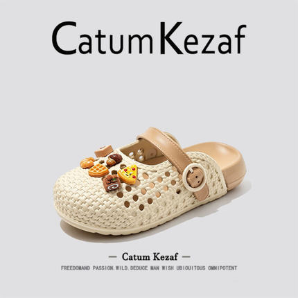 美国CatumKezaf玛丽珍编织勃肯洞洞鞋女夏季外穿一脚蹬包头半拖鞋
