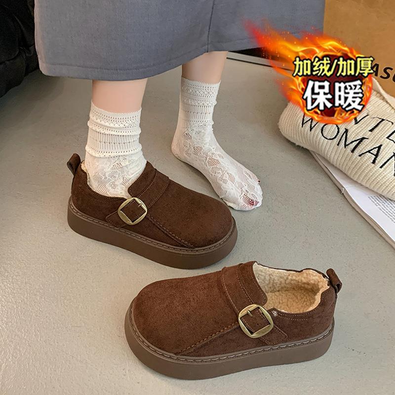 厚底加绒勃肯棉鞋女鞋2025新款冬季保暖一脚蹬增高懒人乐福鞋34码