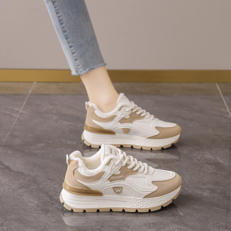 踩屎感加绒孕妇运动鞋女2025新款秋冬真皮小白鞋厚底保暖棉鞋34码