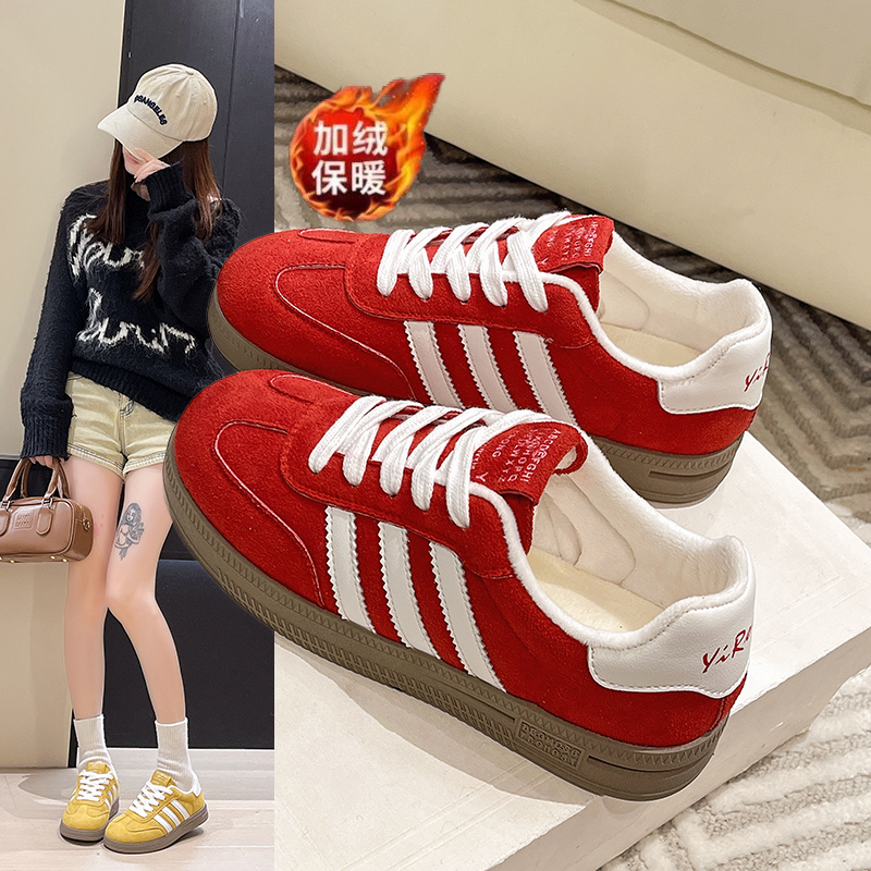二棉薄绒真皮红色加绒德训鞋2025新款冬季莆田三条杠板鞋34码棉鞋