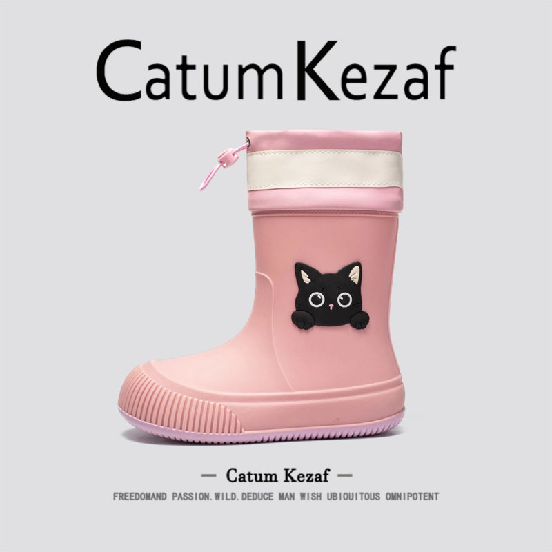 [束口防溅]美国CatumKezaf可爱猫咪雨靴女款秋季防水防滑短筒雨鞋