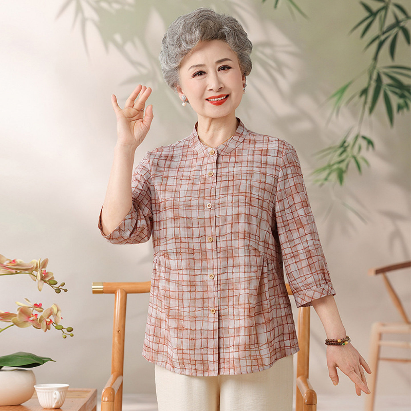 【桑蚕丝100%】老太太衬衫奶奶夏装开衫套装中老年女上衣妈妈真丝