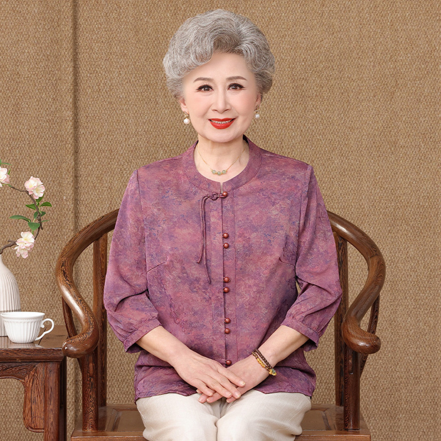 【100%桑蚕丝】妈妈上衣套装中老年人真丝冰凉奶奶夏装衬衫女开衫
