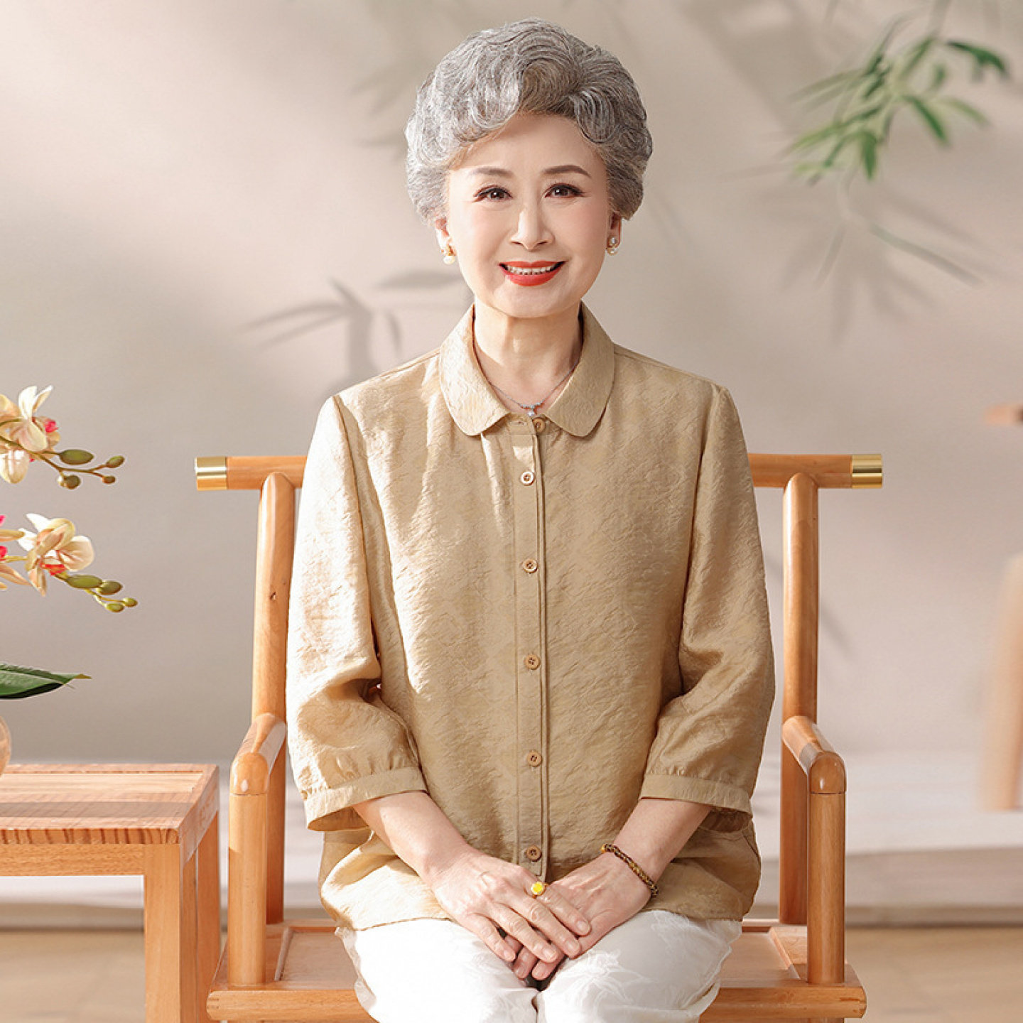 【100%桑蚕丝】套装奶奶夏装开衫上衣老太太衬衫妈妈真丝中老年女
