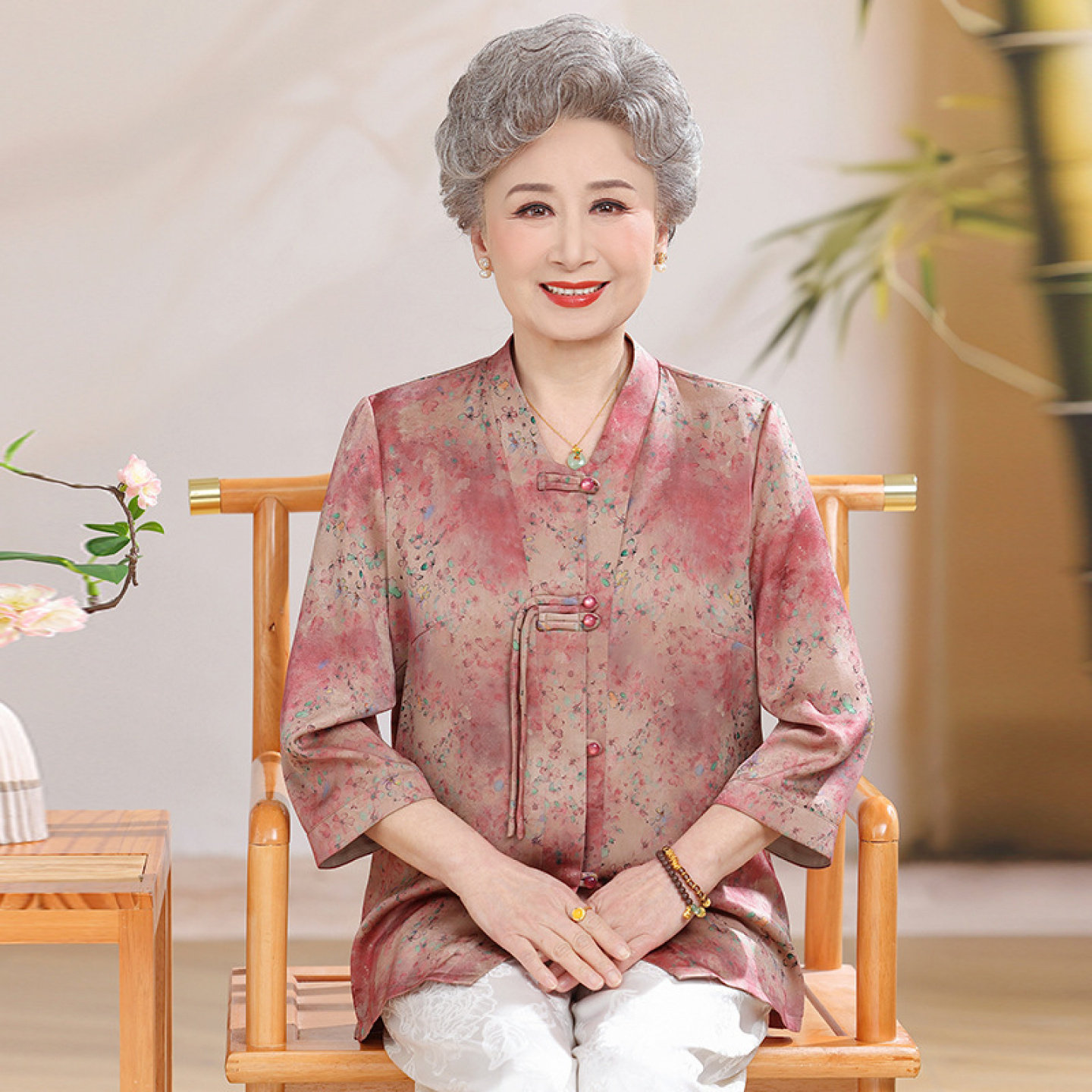 【100%凉感桑蚕丝】开衫奶奶夏装衬衫女套装妈妈真丝上衣中老年人