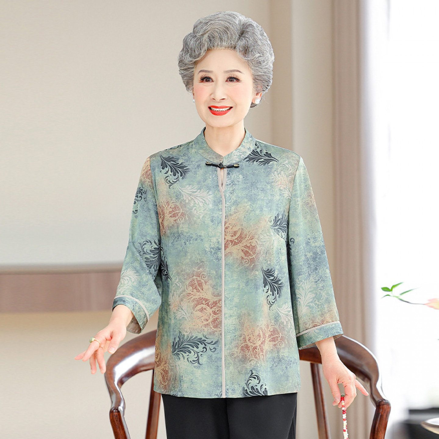 【100%桑蚕丝】老太太衬衫上衣中老年女妈妈真丝奶奶夏装开衫套装