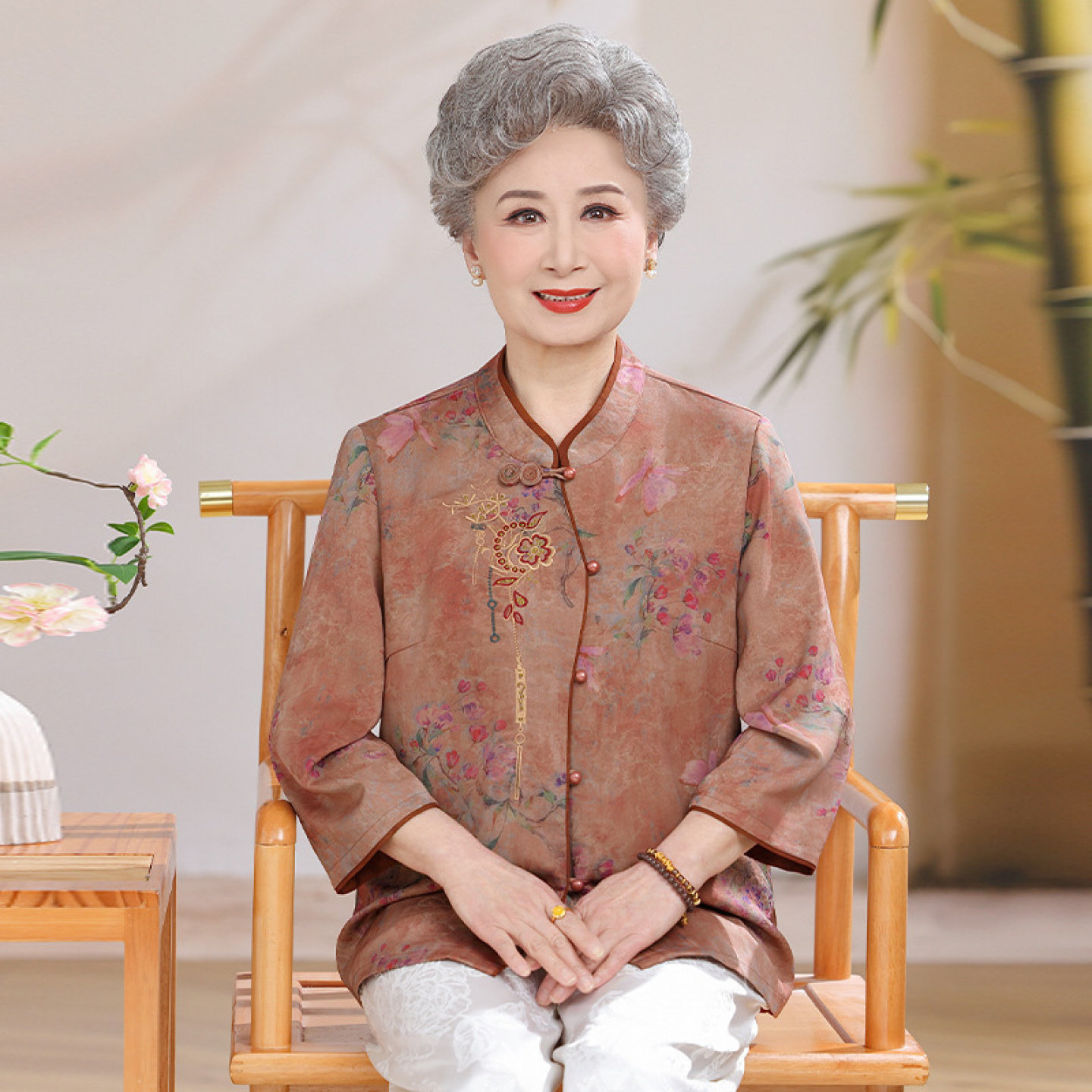 【桑蚕丝100%】套装上衣中老年女妈妈真丝老太太衬衫奶奶夏装开衫