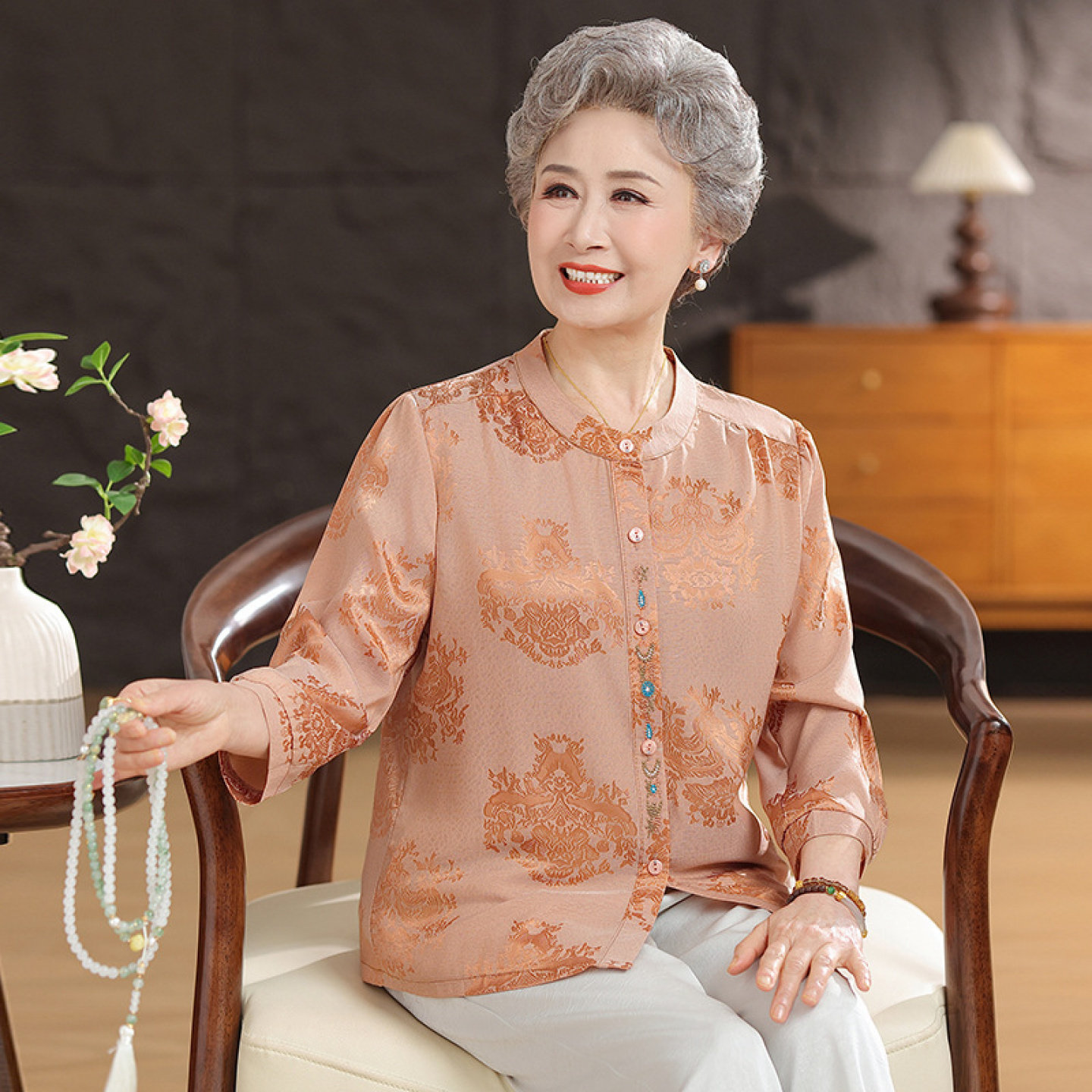 【桑蚕丝100%】两件套装中老年人奶奶夏装衬衫女开衫上衣妈妈真丝