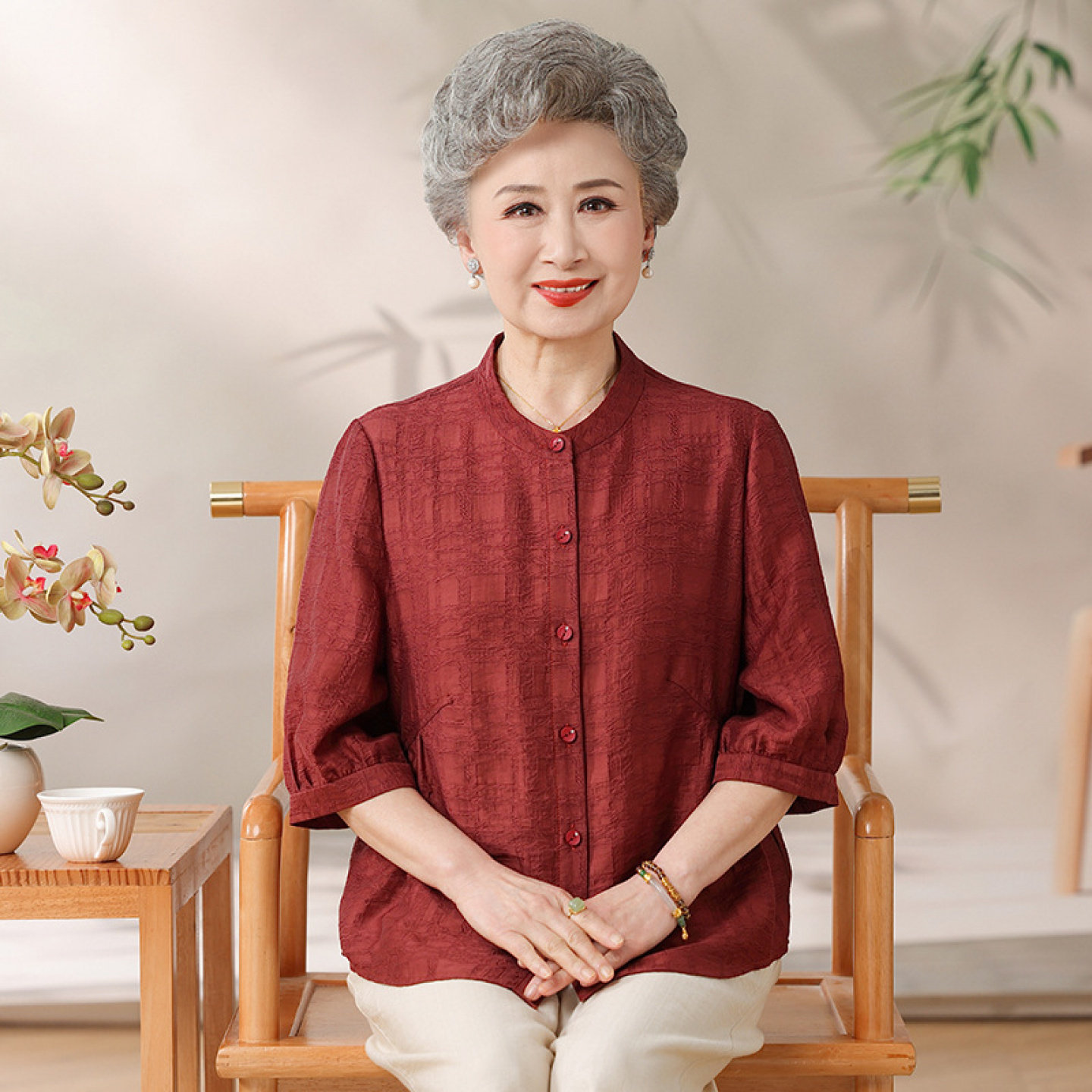 【100%凉感桑蚕丝】中老年人套装开衫妈妈真丝奶奶夏装衬衫女上衣