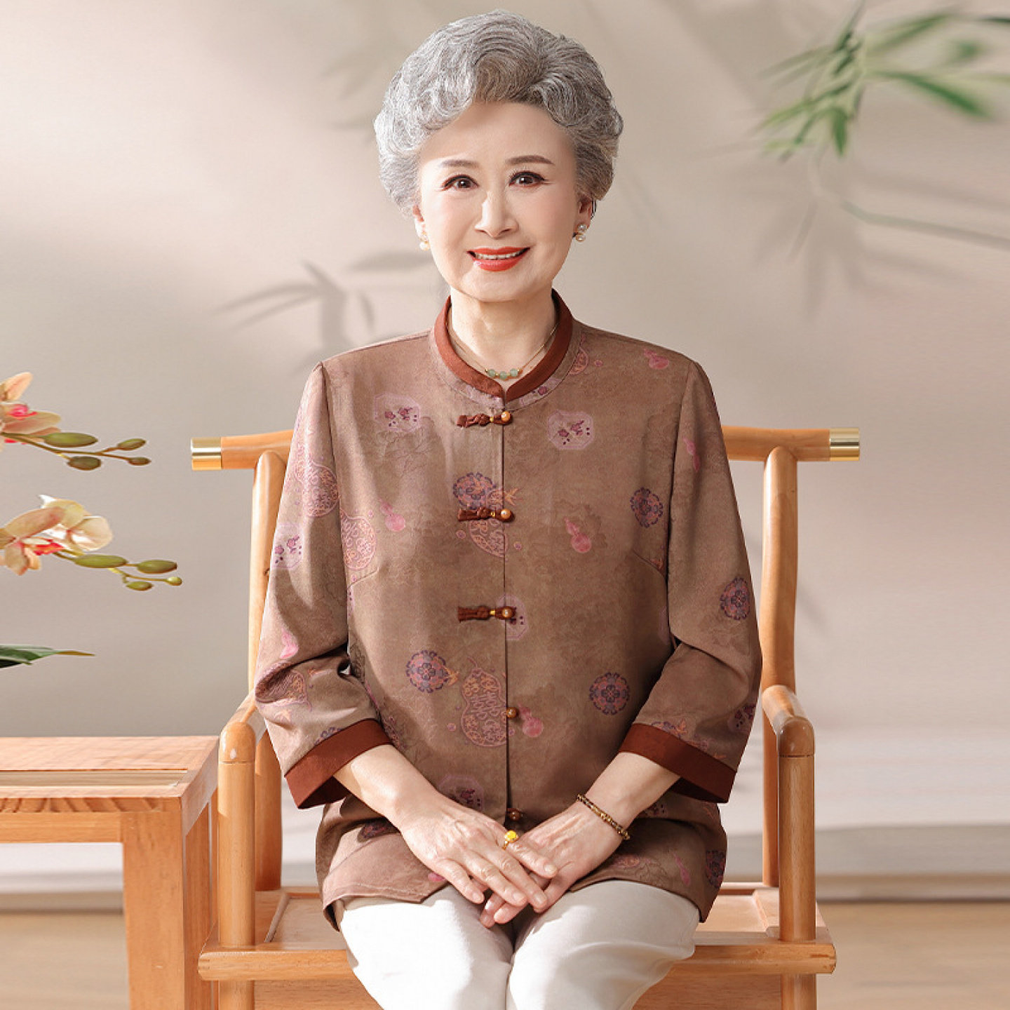 【桑蚕丝100%】真丝奶奶夏装衬衫女开衫妈妈上衣冰凉中老年人套装