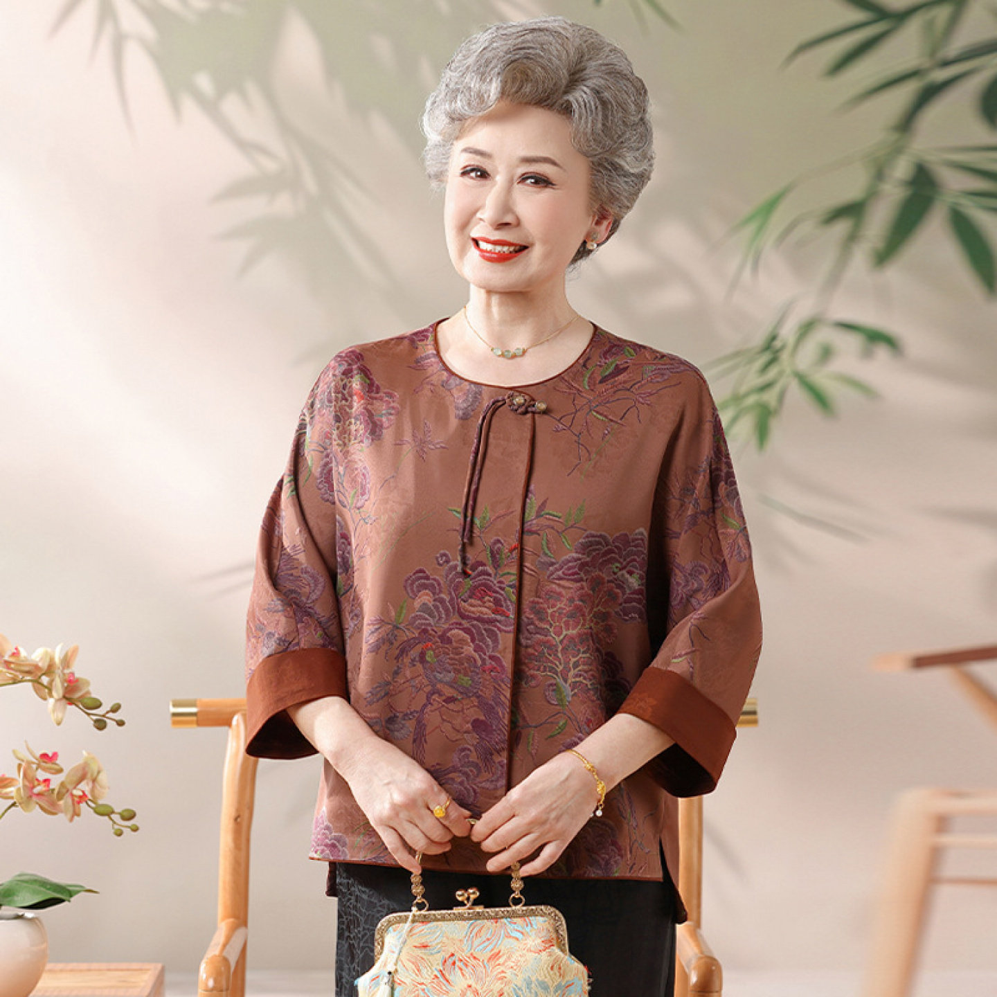 【100%桑蚕丝】中老年女奶奶夏装开衫老太太衬衫上衣套装妈妈真丝