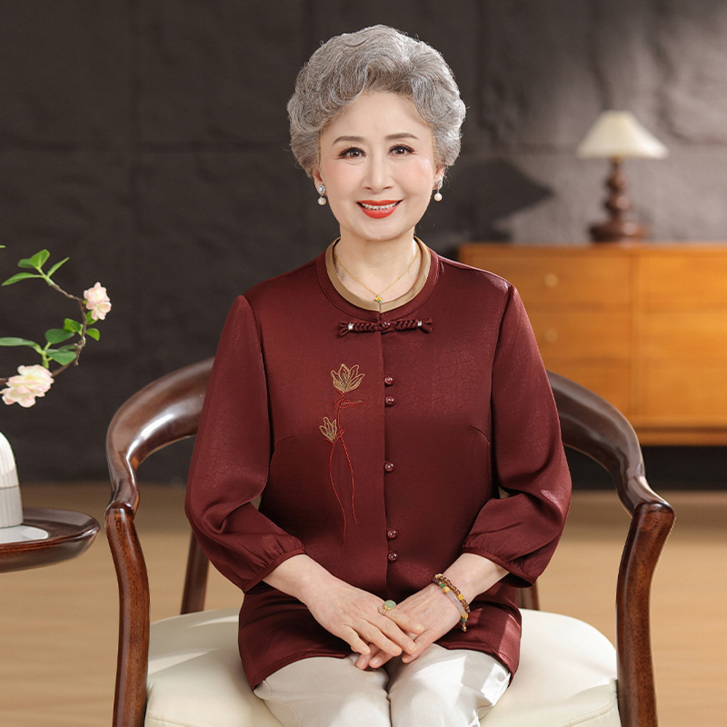 【100%凉感桑蚕丝】上衣奶奶夏装衬衫女中老年人套装妈妈真丝开衫