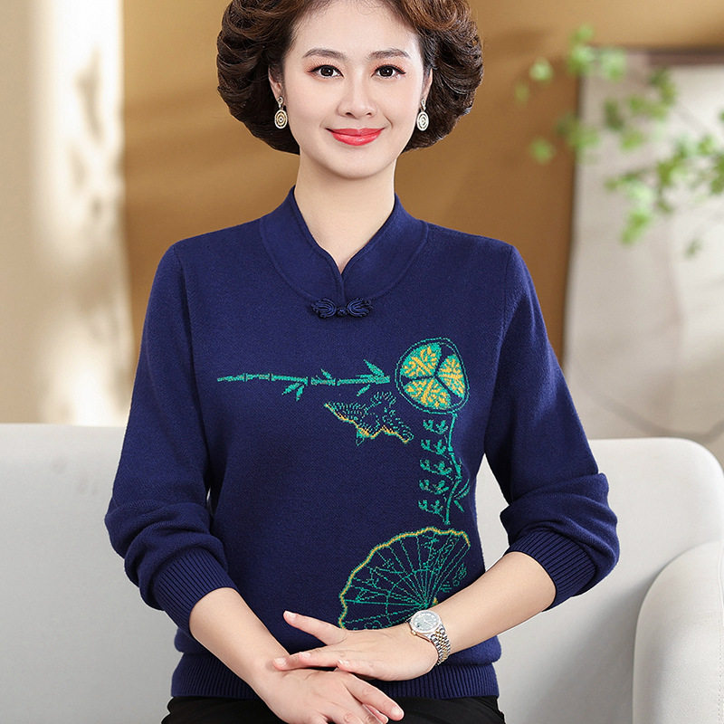 2024新款春秋款唐装中国风妈妈盘扣新中式上衣毛衣中年女装针织衫