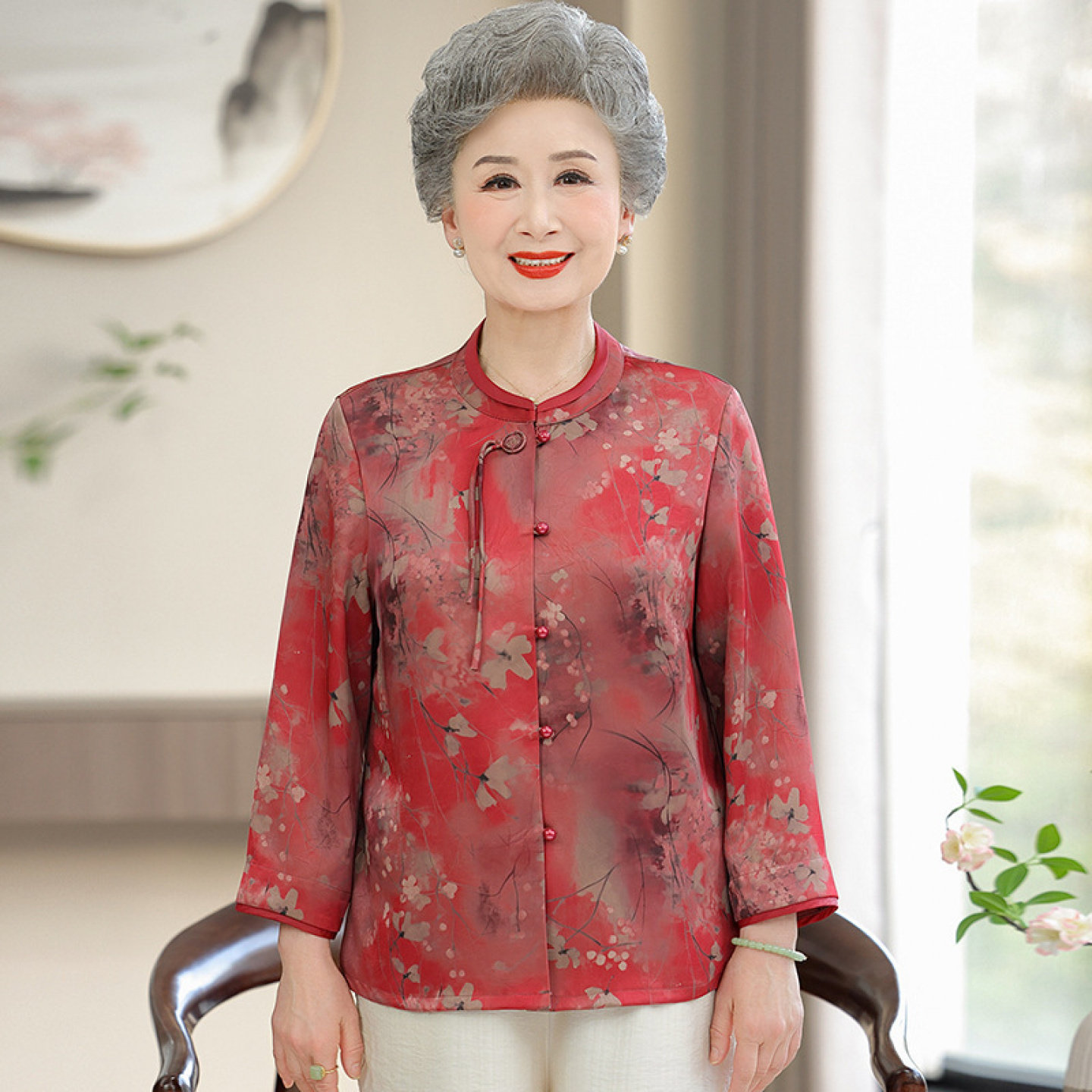 【桑蚕丝100%】上衣裤子两件套装中老年人真丝妈妈奶奶夏装衬衫女