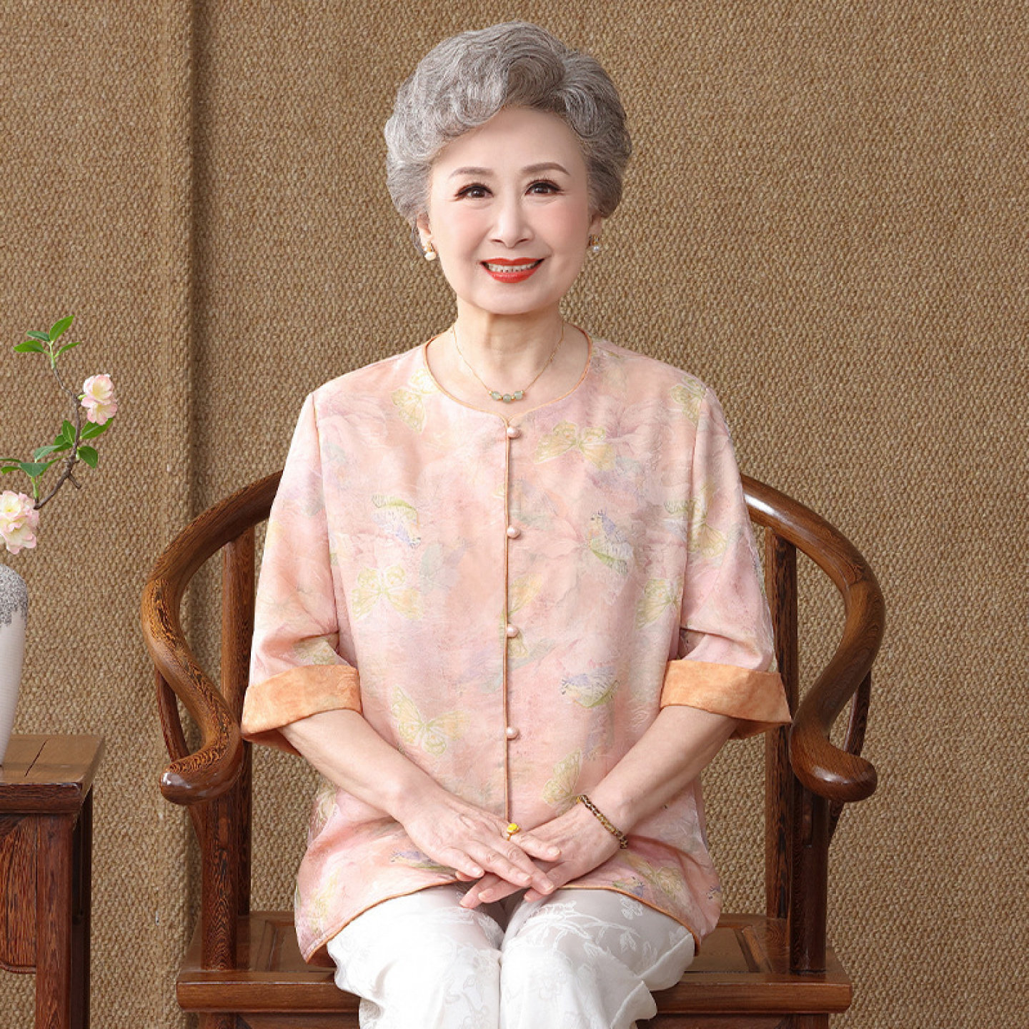 【桑蚕丝100%】真丝奶奶夏装衬衫女妈妈两件套装上衣裤子中老年人