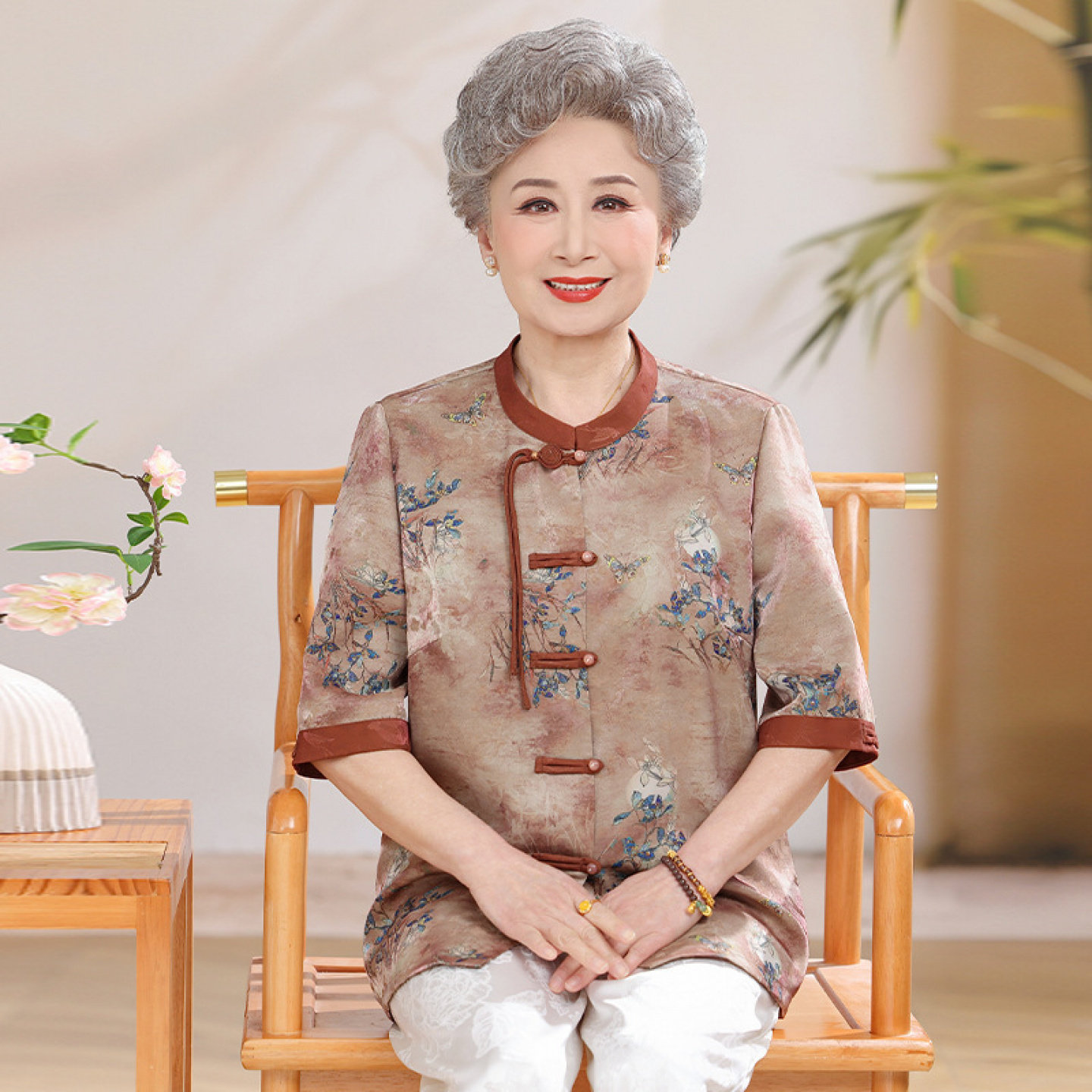 【100%桑蚕丝】套装老太太衬衫上衣妈妈真丝中老年女奶奶夏装开衫