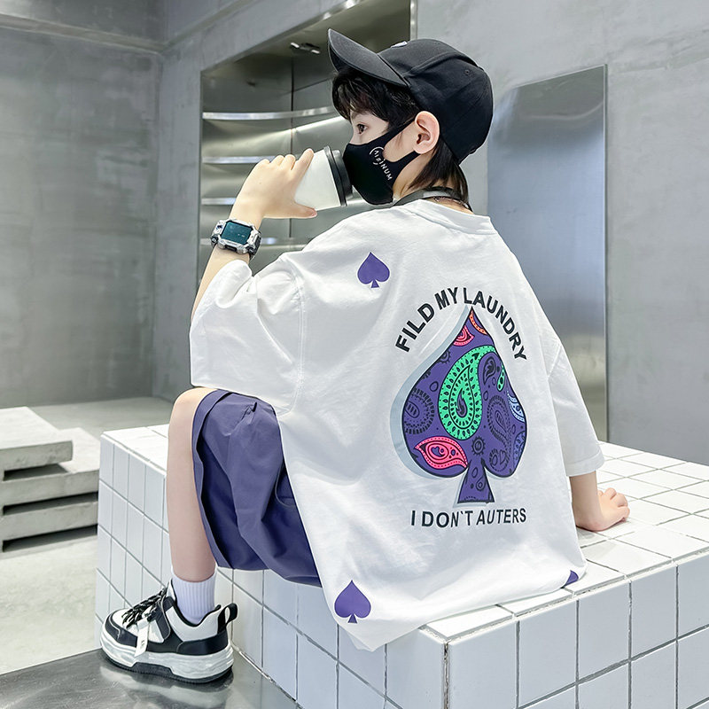 男童黑桃印花短袖套装夏季2024新款儿童帅气宽松t恤套装中大童15