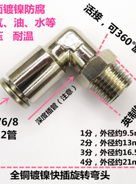 全铜镀镍快插接头360度旋转PL快速弯头耐高压耐腐蚀气管油管接头
