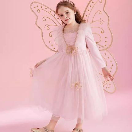 Dreampartybox精灵裙女童花仙子粉色蝴蝶翅膀连衣裙万圣节加绒裙
