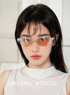 y2k辣妹千禧风无框墨镜椭圆酷飒未来风男女高级感复古街拍太阳镜