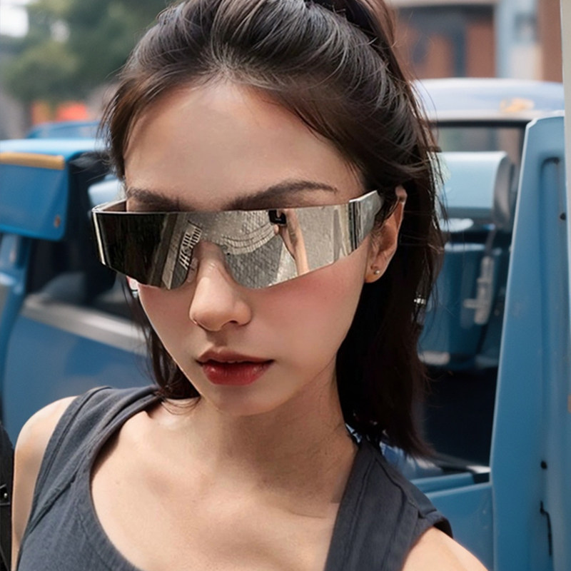 无框水银白未来感2024新款女士朋克运动太阳眼镜连体欧美拍照墨镜