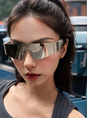 无框水银白未来感2024新款女士朋克运动太阳眼镜连体欧美拍照墨镜
