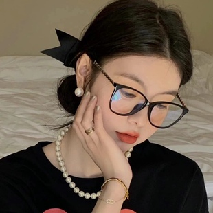 小香风编织链条黑框眼镜架女猫眼ch3408配近视小红书高级感三角