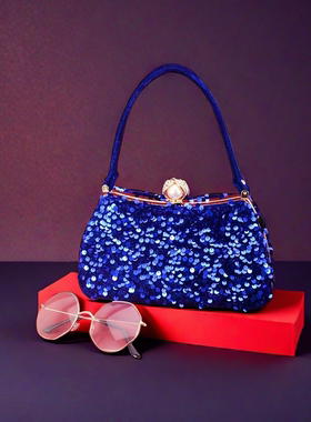 蓝色亮片晚宴包女手提包镶钻礼服包单肩包宴会穿搭