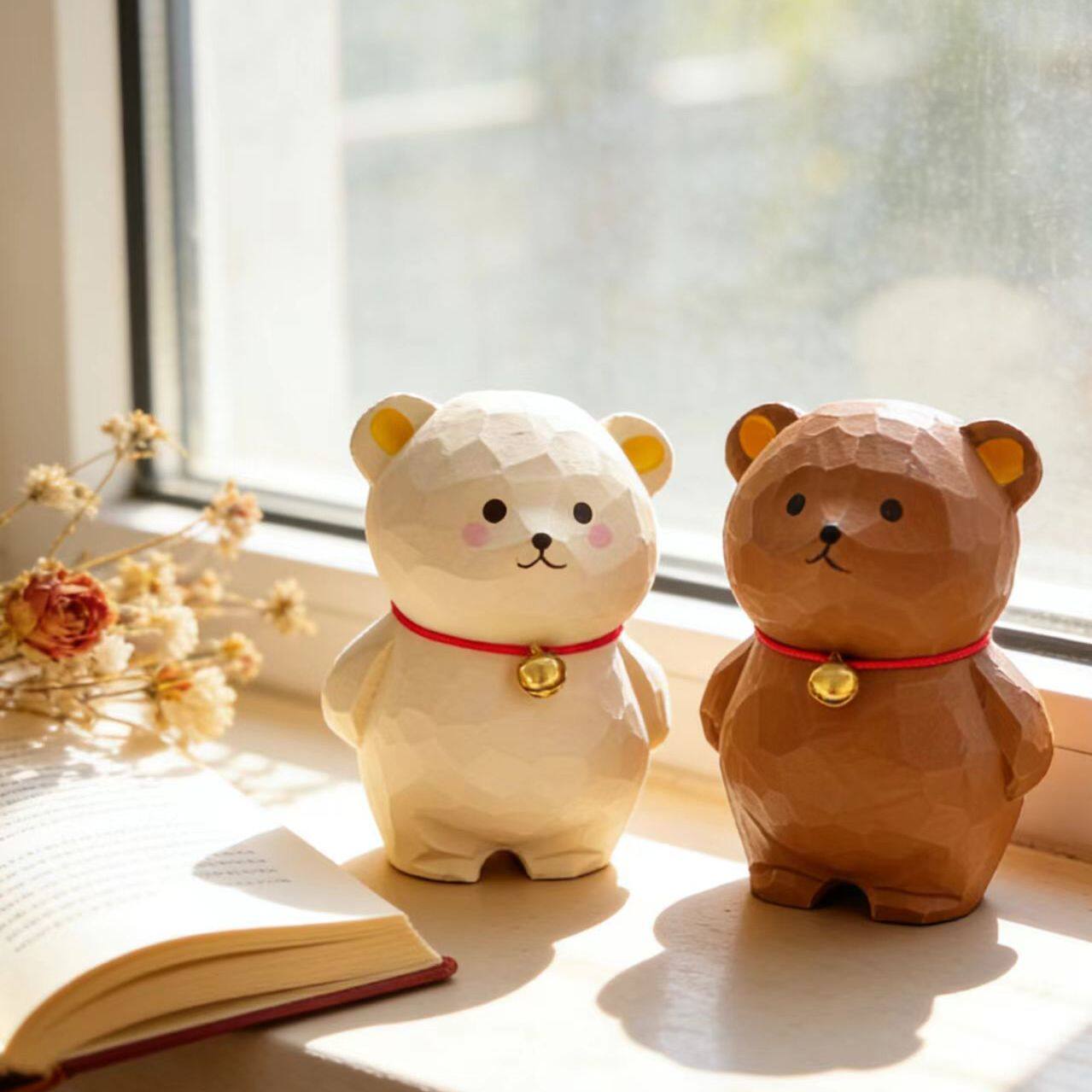 手工木雕铃铛小熊治愈可爱公仔办公桌面摆件家居饰品创意生日礼物