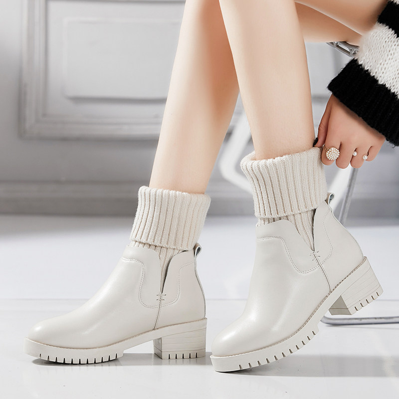 头层牛皮中跟马丁靴加绒真皮女士白色粗跟平底短靴女防滑鞋女棉鞋