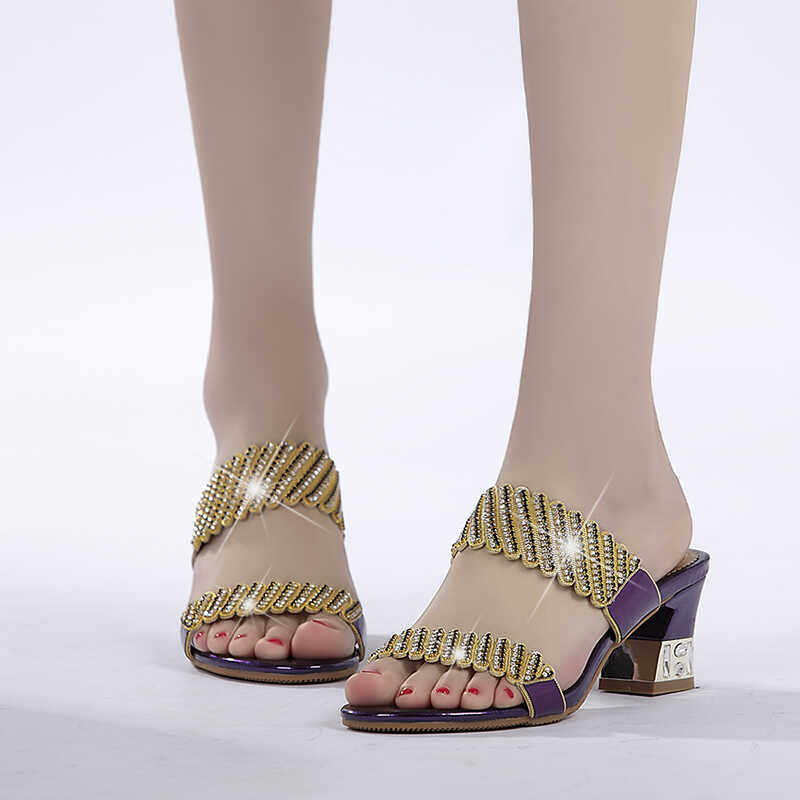 金特 百丽高跟水钻凉鞋女外穿新款真皮女士凉拖鞋水晶粗跟中跟鞋