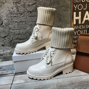 头层牛皮真皮女靴毛线短靴平底白色厚底马丁靴英伦粗跟靴子时装靴