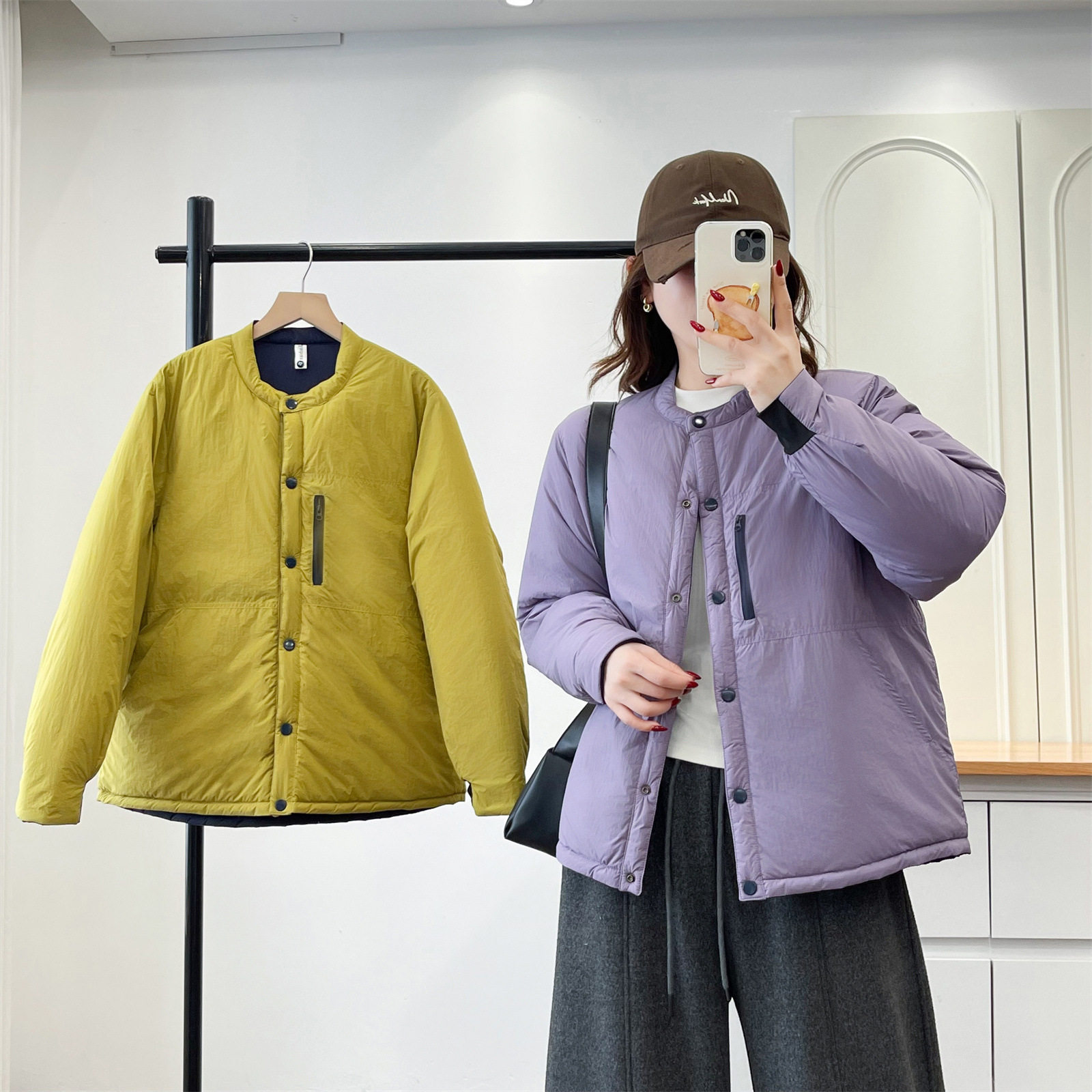2026秋冬大码两面穿棉服女装圆领夹棉外套长袖休闲衫胖妹棉衣2624