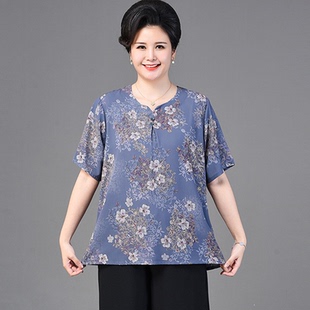 上衣雪纺花色衬衫 中老年T恤中袖 220斤大码 加肥加大胖妈妈装 女夏装