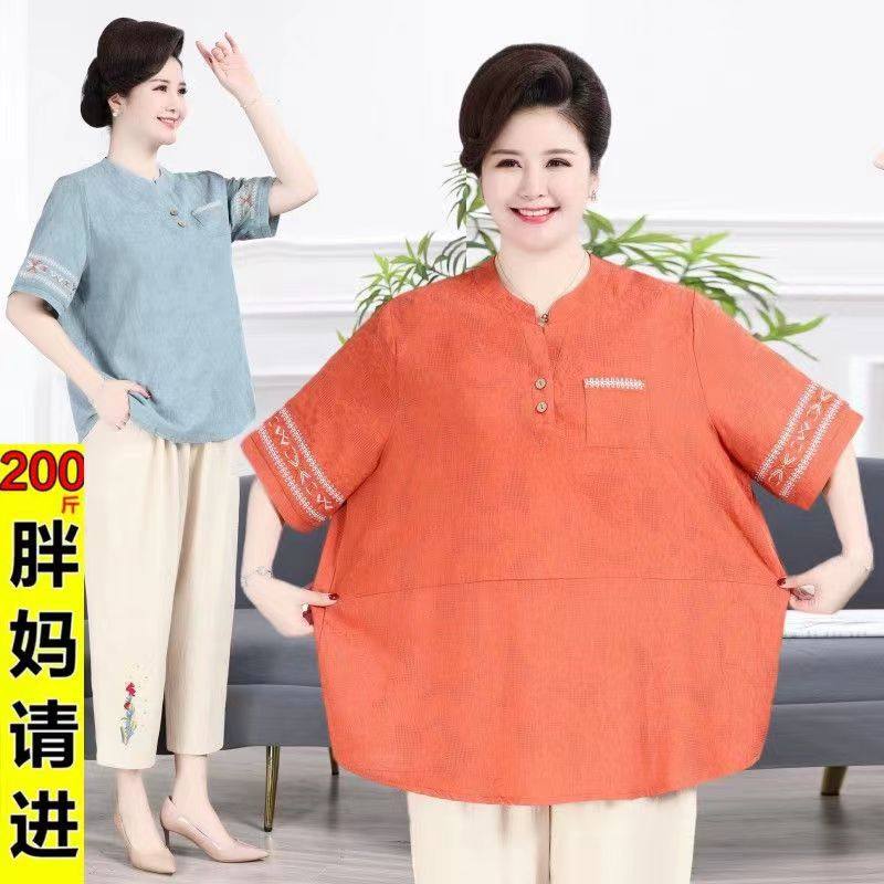 夏装棉麻绣花套装中老年