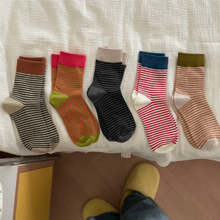 袜子女中筒袜条纹堆堆袜棉袜焦糖色百搭ins潮袜秋冬推推袜拼色潮