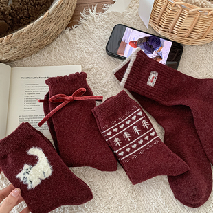 红色袜子女中筒袜堆堆袜羊毛厚袜子保暖冬天波点韩版布标潮红袜子